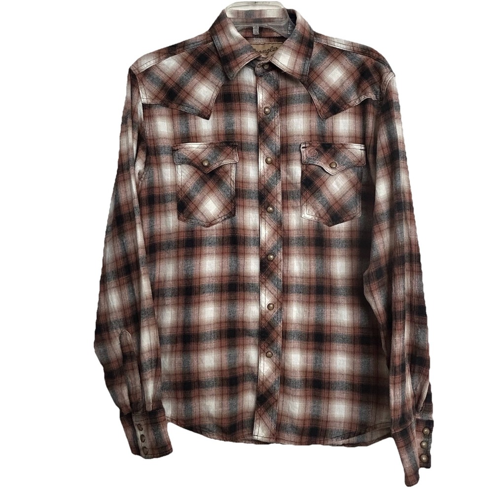 Wrangler Retro Western Shirt Men's M – Brown Plaid, Pearl Snap Buttons, Cotton